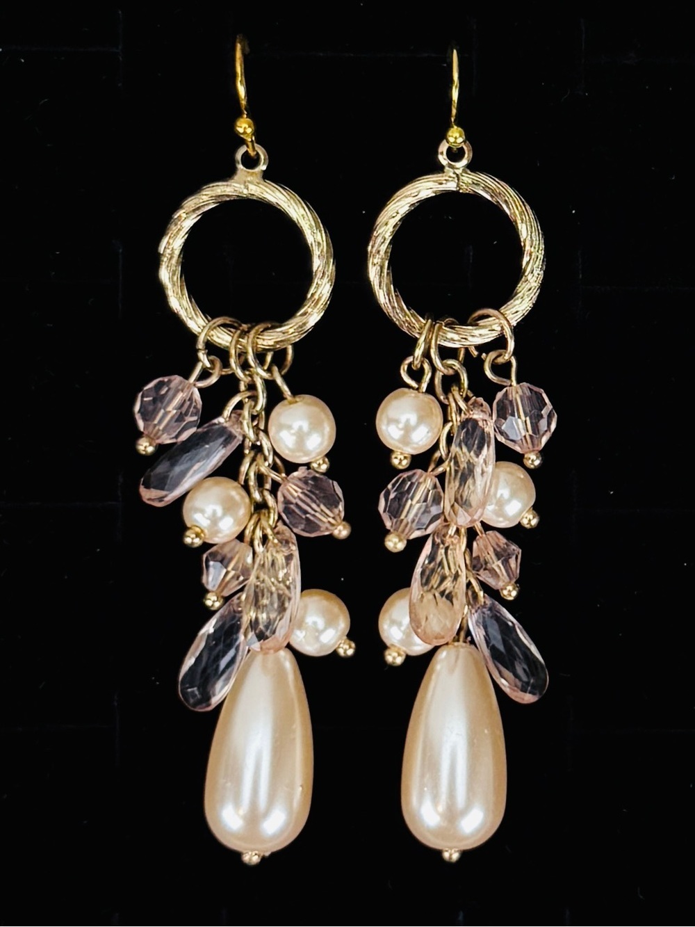 Pretty aged, goldtone, champagne, clear, reflective beaded dangle earrings